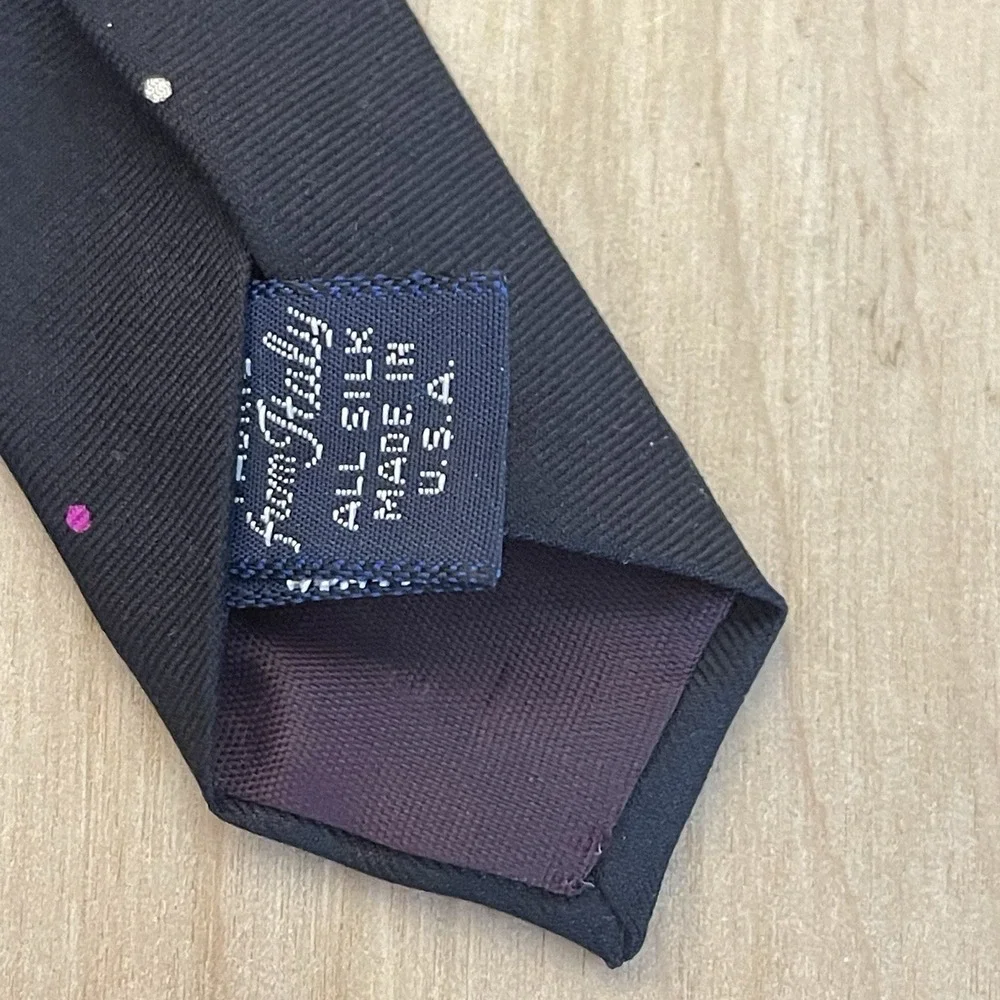 Vintage Damon Necktie 100% Silk Black With Multicolor Dots Made In USA‎